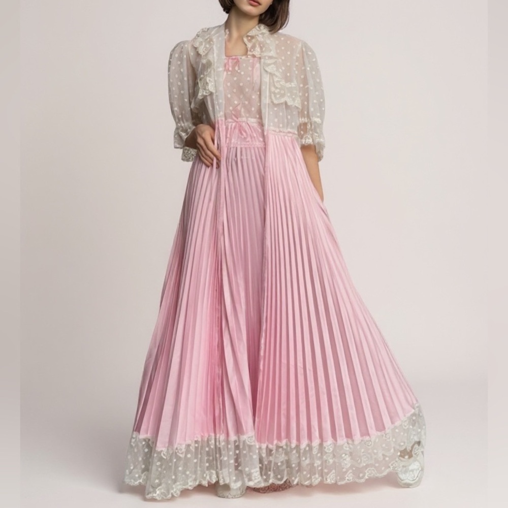 Vintage 70s Pink Satin Lace Peignoir Set Slip Dress & Robe Romantic Edwardian
